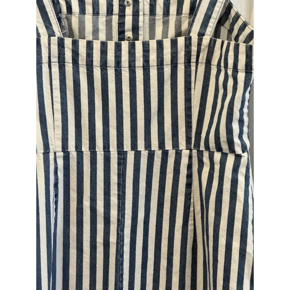 Blue L Stripe Jumper Dress Modest Pockets 100% Cotton Overalls Casual Classic‎